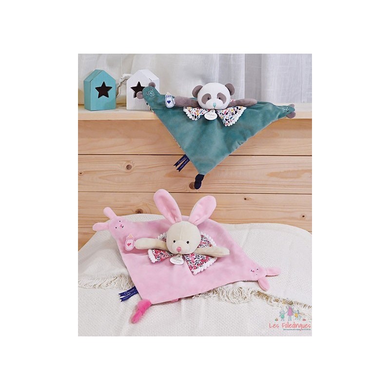 Doudou plat panda vert avec marionnette à doigt - 30 cm