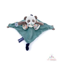 Doudou plat panda vert avec marionnette à doigt - 30 cm