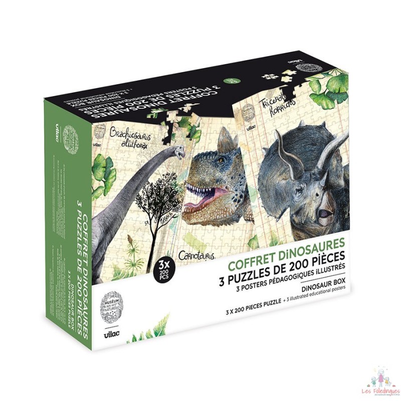 Coffret de 3 puzzles dinosaures avec posters