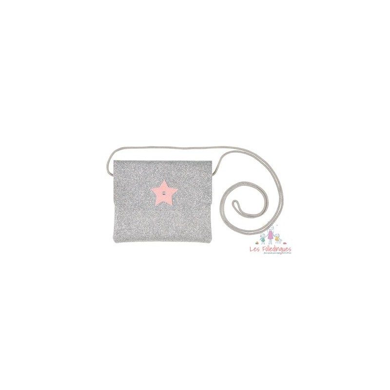 Sac bandouillère Bapke glitter argent, motif étoile rose