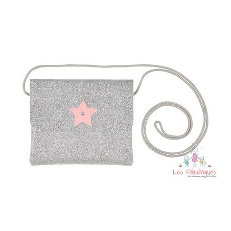 Sac bandouillère Bapke glitter argent, motif étoile rose